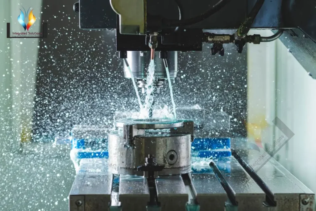 High precision CNC machining process showing milling operation on metal component